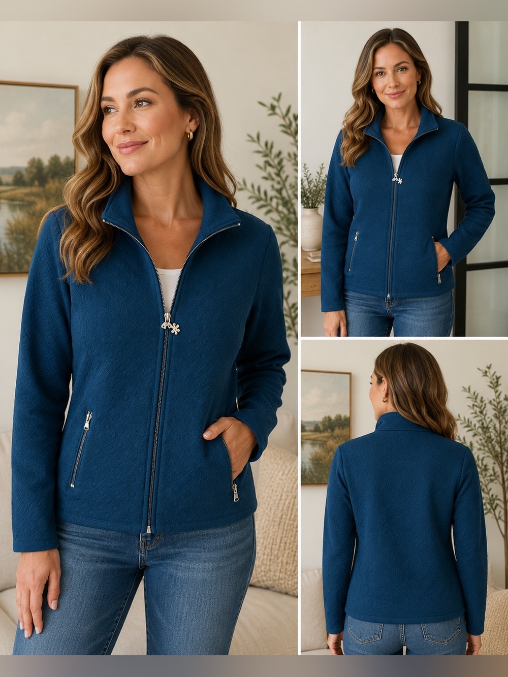 Hastings & Smith Textured Zip Front Jacket PM Blue Stretch Lightweight